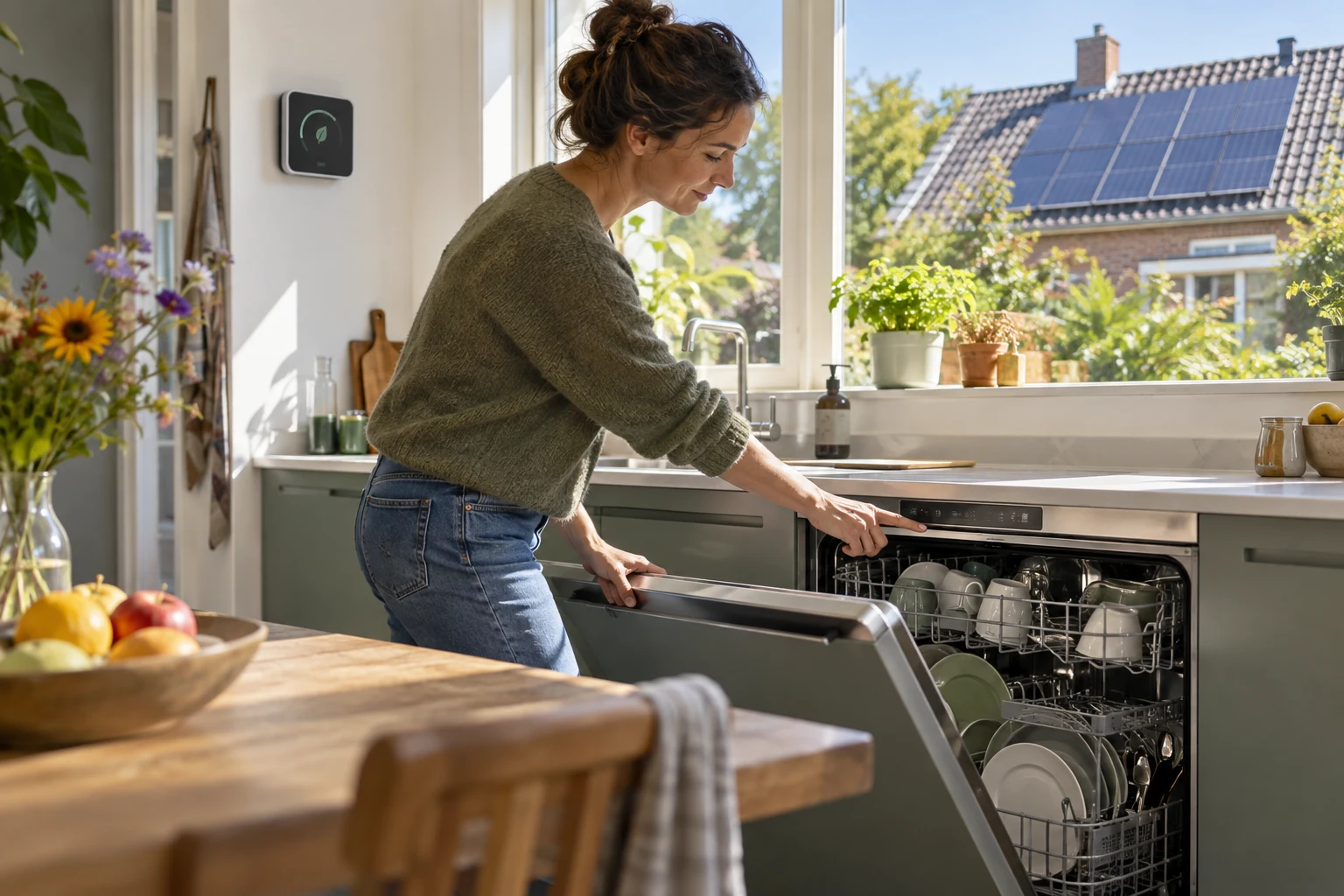 Woningeigenaar gebruikt een vaatwasser terwijl zonnepanelen stroom opwekken