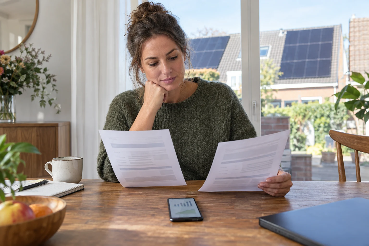 Woningeigenaar vergelijkt energiecontracten met zonnepanelen op de achtergrond