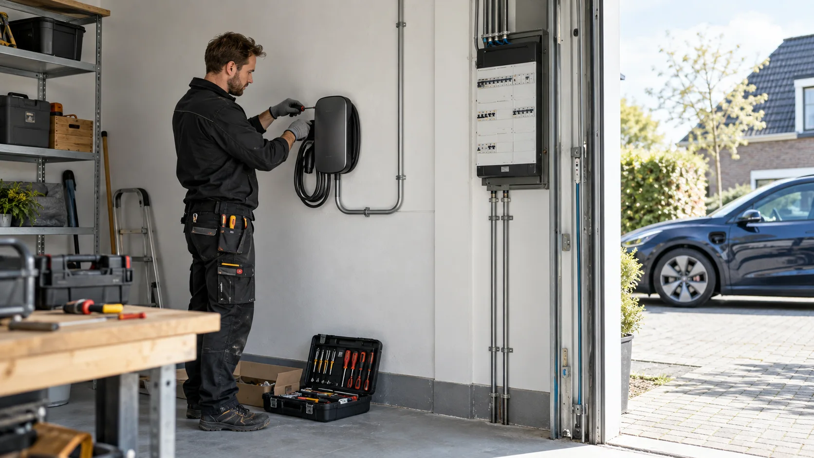 Installateur monteert een wandlader in een garage naast de meterkast