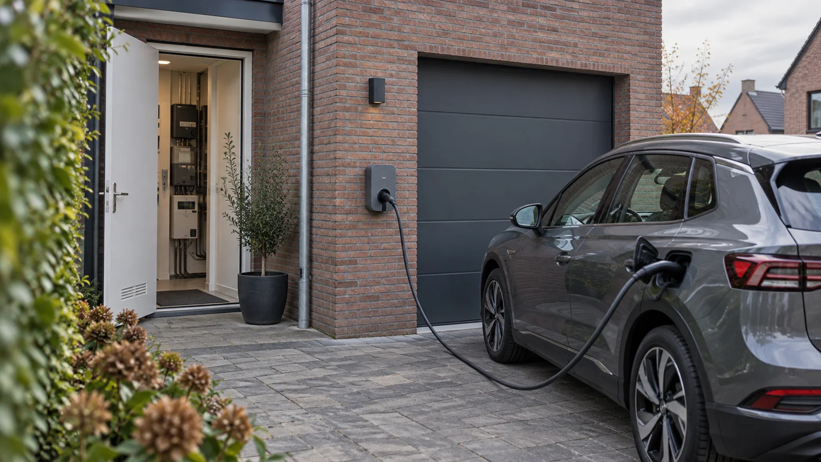 Elektrische auto aan een wandlader op de oprit naast de garage