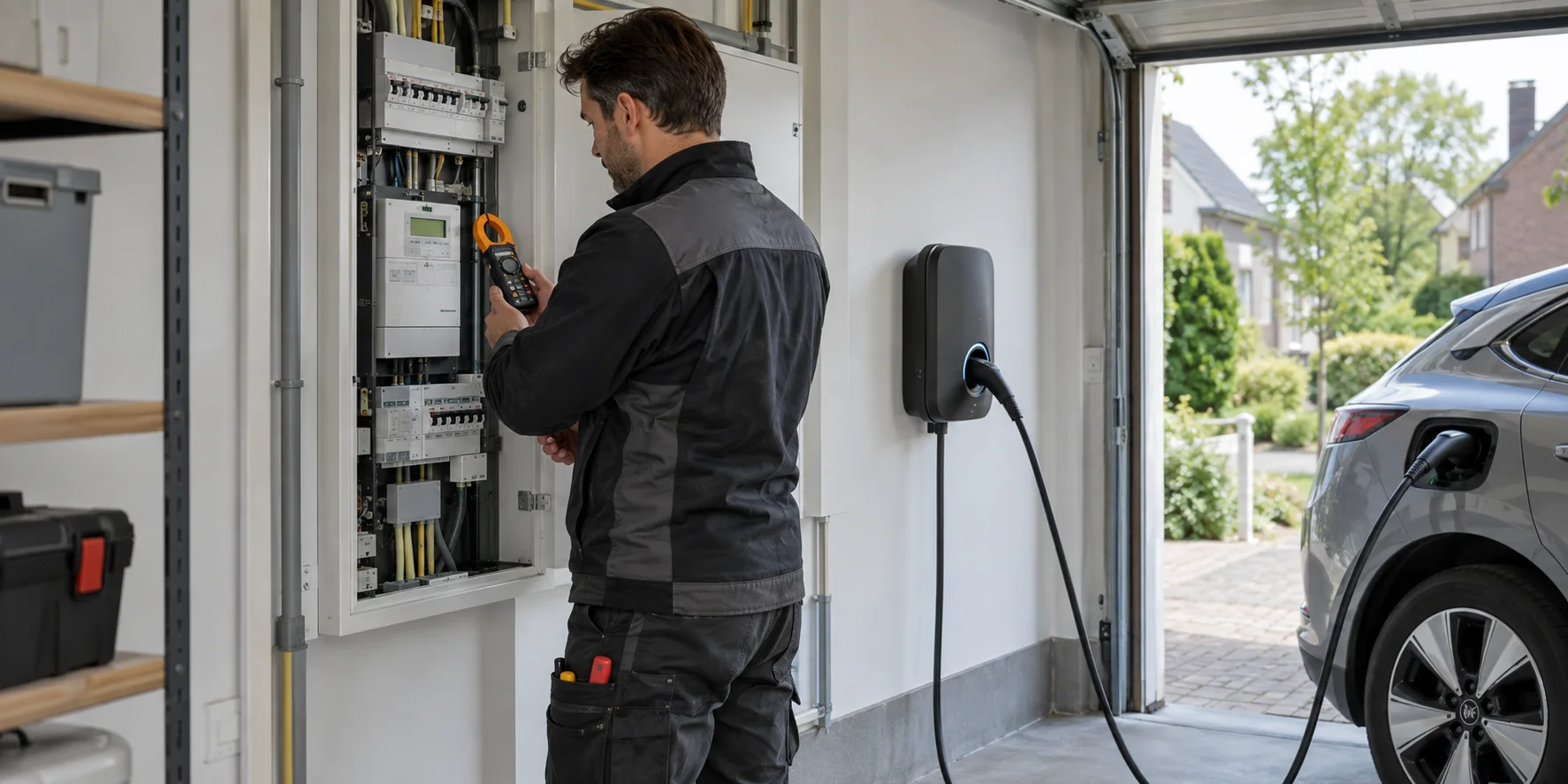 Installateur meet de groepenkast terwijl een elektrische auto in de garage laadt