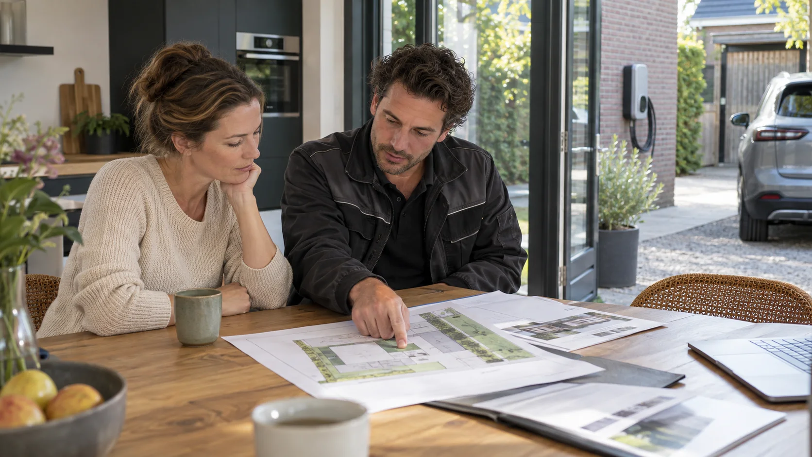 Huiseigenaar bespreekt een laadpaalvoorstel met een installateur aan tafel
