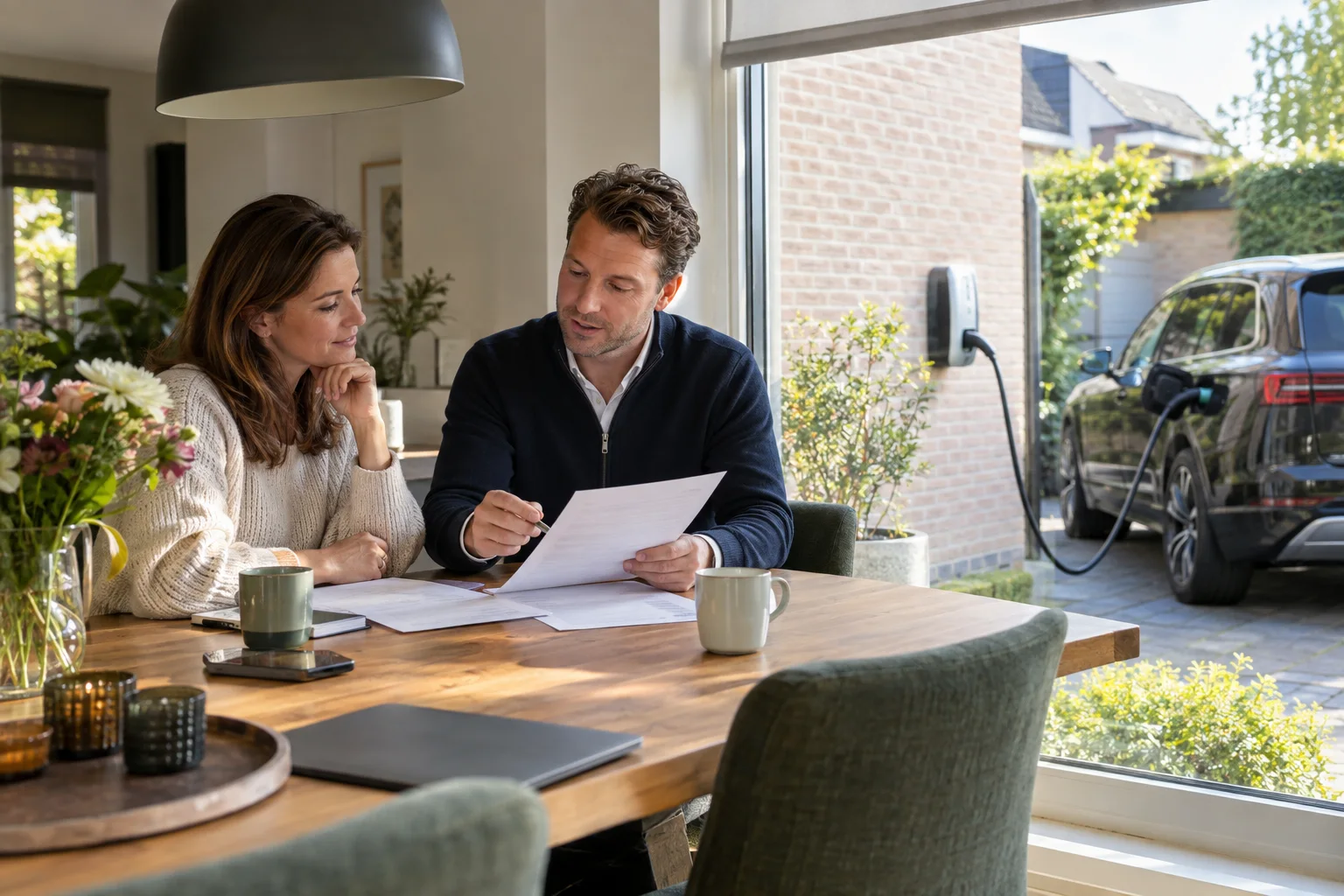 Huiseigenaar bespreekt een laadpaalvoorstel terwijl de auto thuis wordt geladen