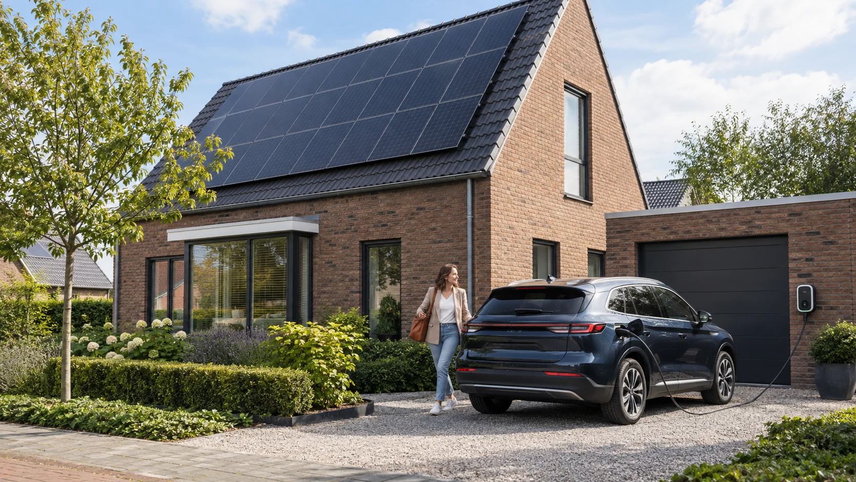 Elektrische auto aan een wandlader bij een woning met zonnepanelen
