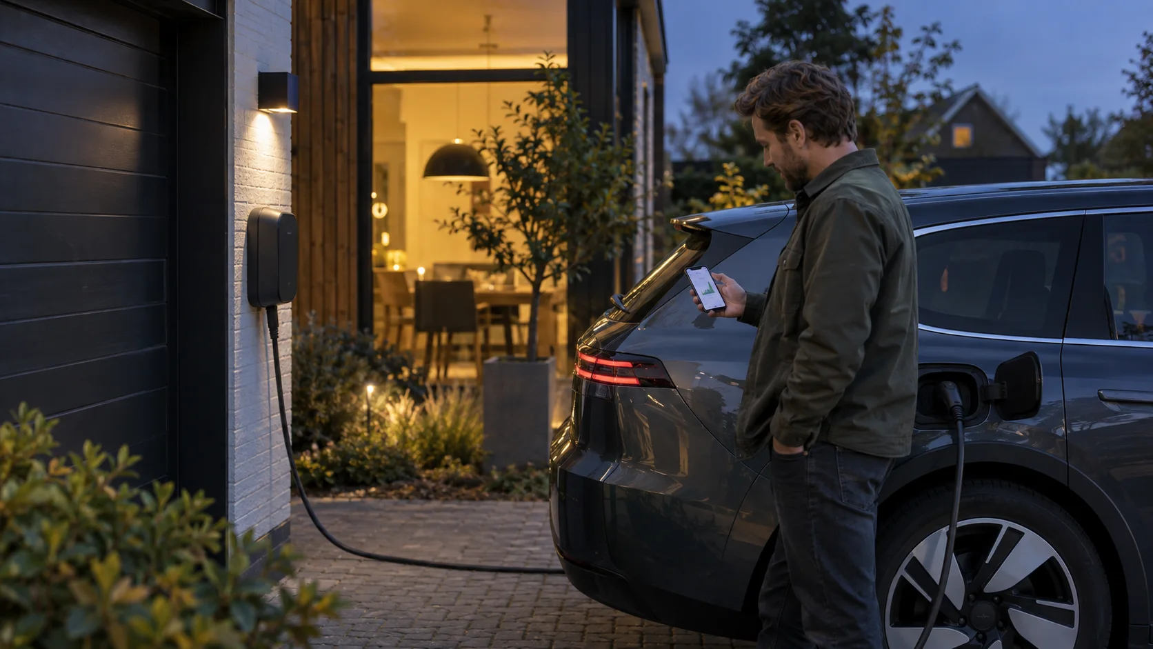 Huiseigenaar bekijkt de laadstatus naast een elektrische auto op de oprit