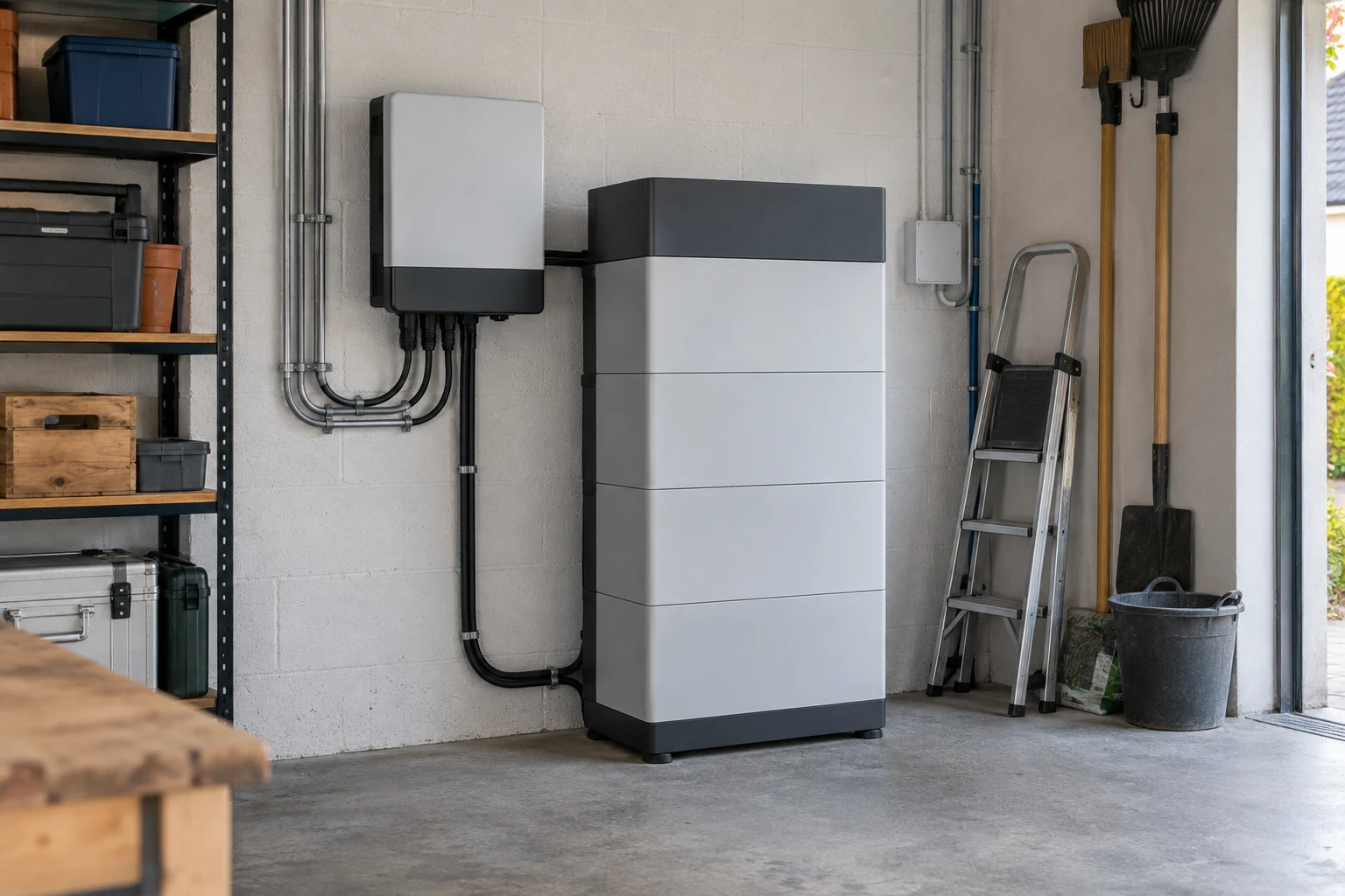 Modulair thuisbatterijsysteem met omvormer in een garage