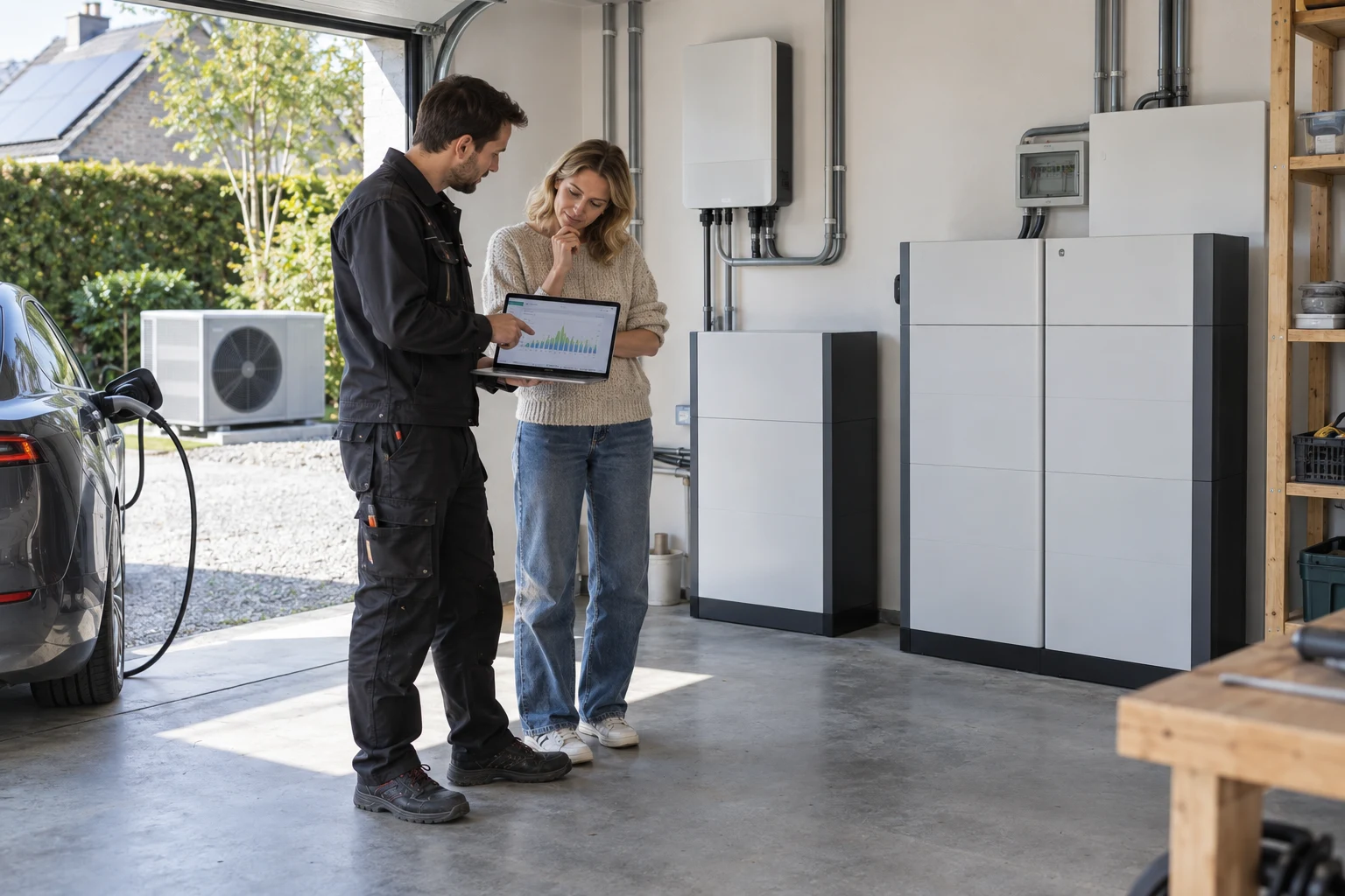 Middelgroot en groot modulair batterijsysteem in een ruime garage