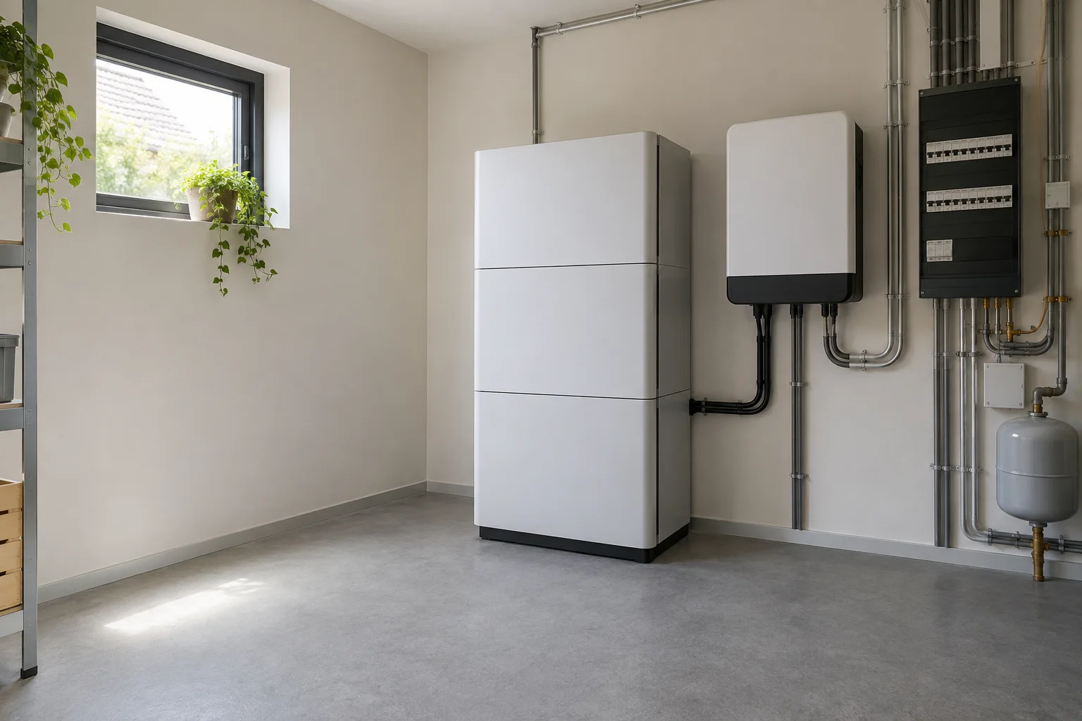 Modulair thuisbatterijsysteem in een aparte technische ruimte