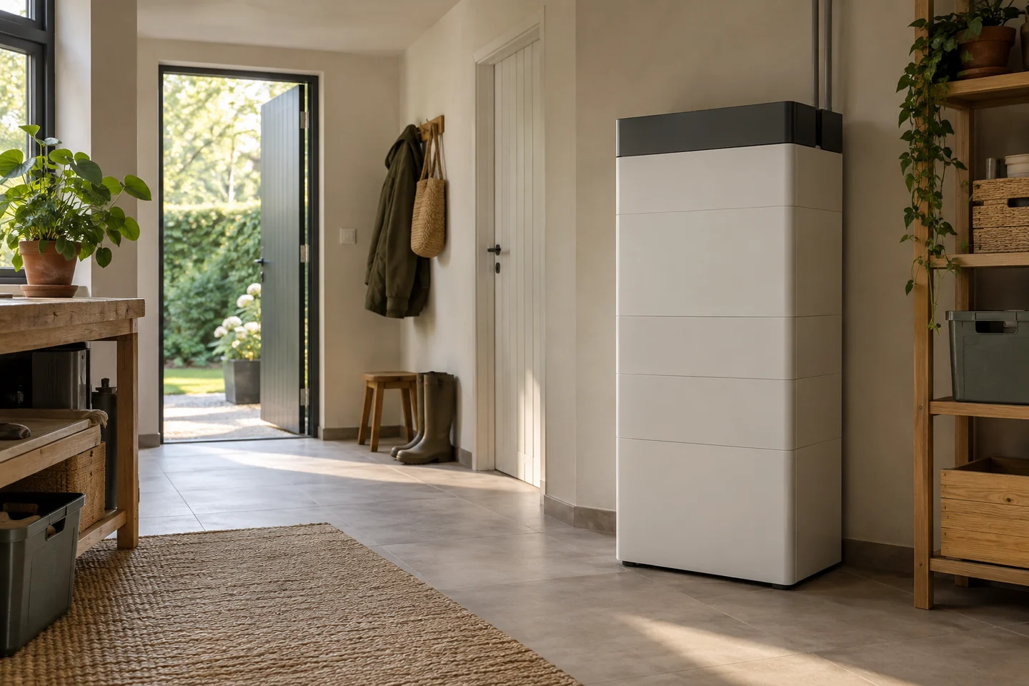Modulaire thuisbatterij in een lichte bijkeuken