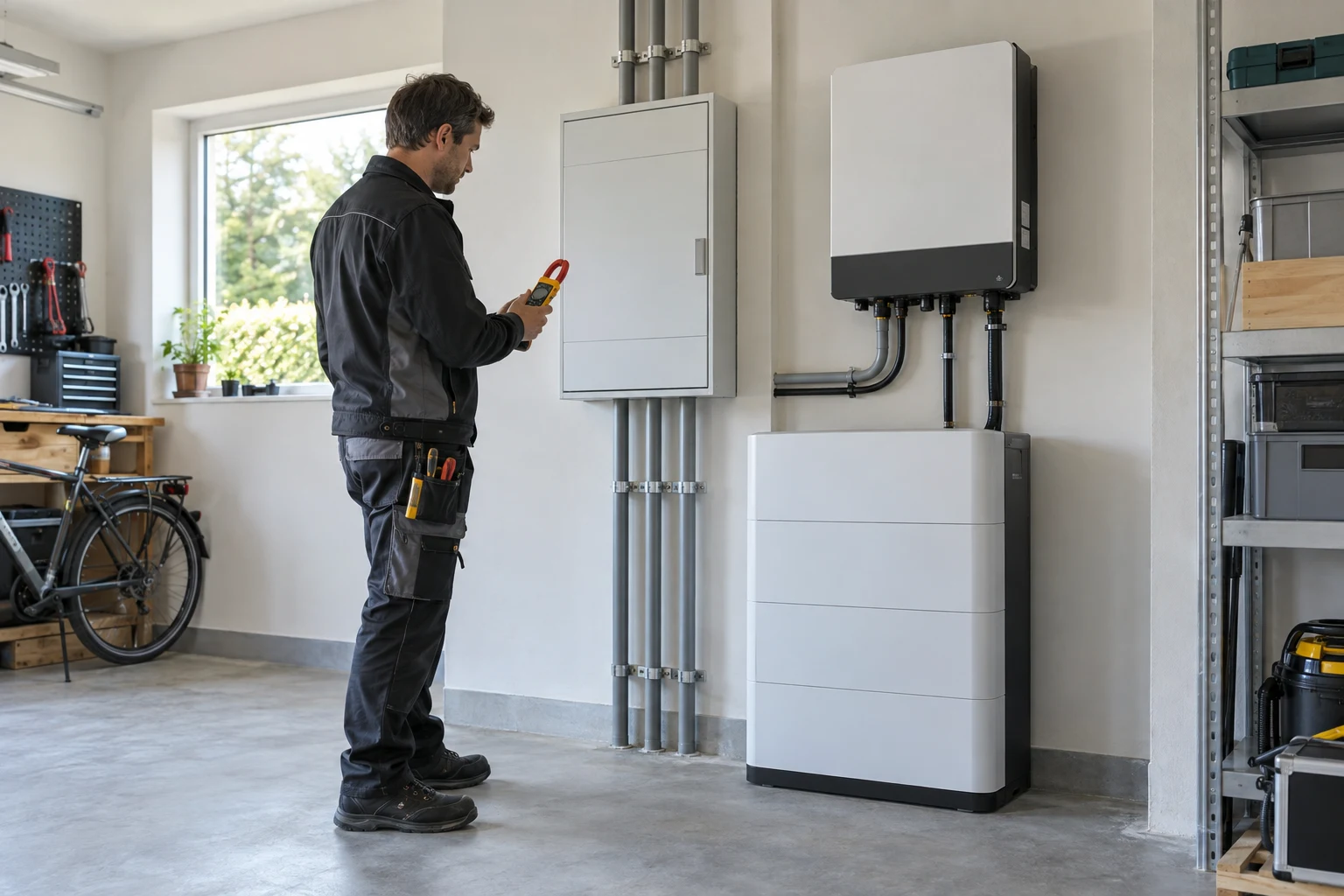 Installateur controleert een driefasige thuisbatterij-installatie in een garage