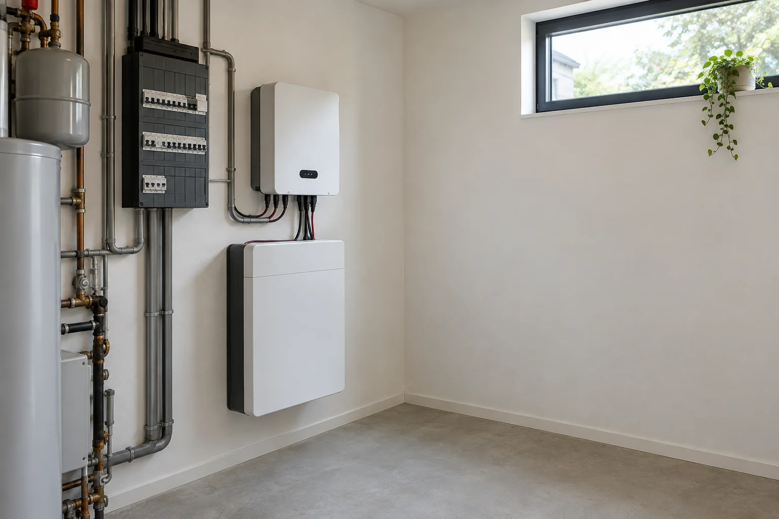 Compact batterijsysteem in een technische ruimte, geen specifiek productmodel