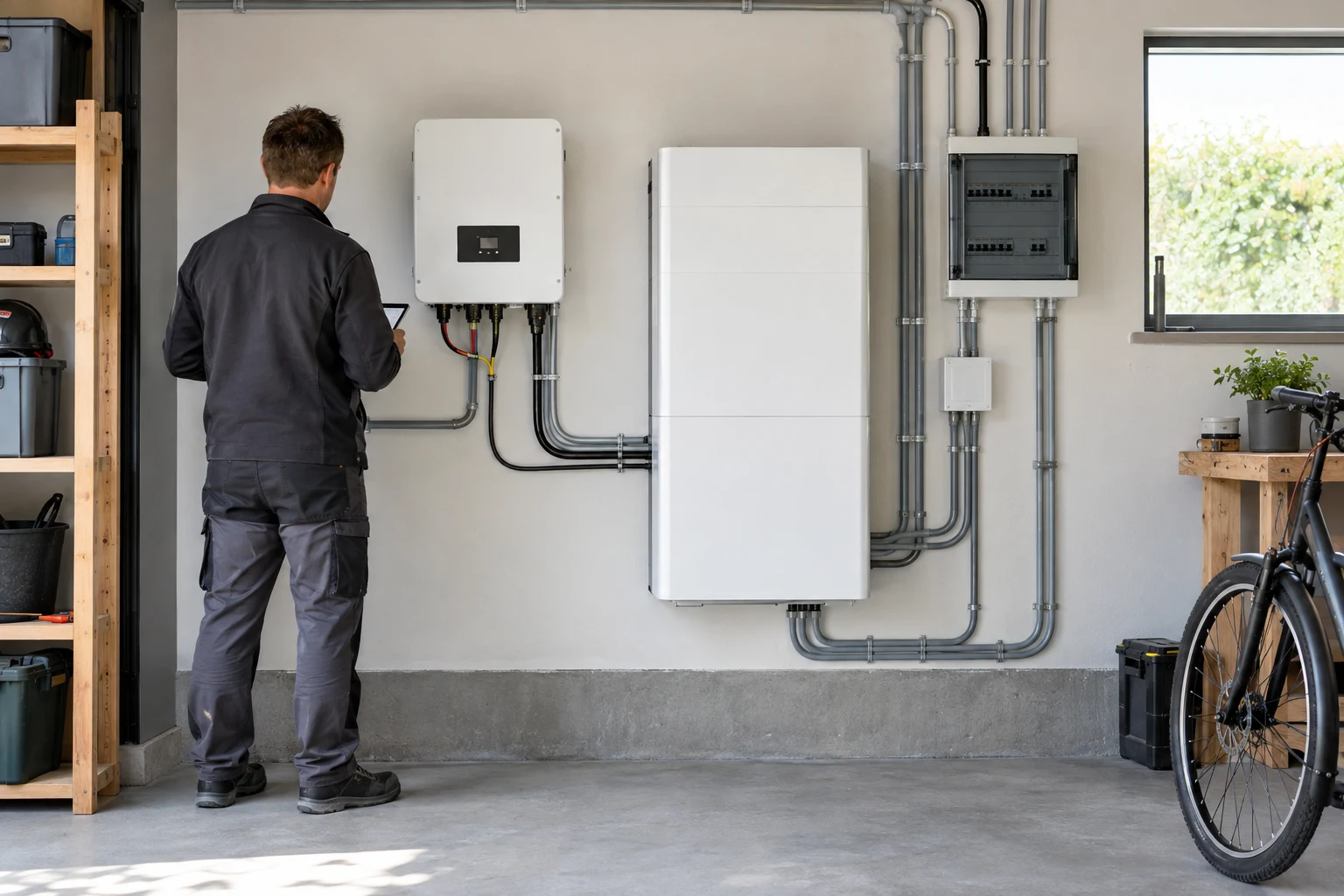 Installateur controleert een bestaande omvormer naast een nieuwe thuisbatterij in een garage