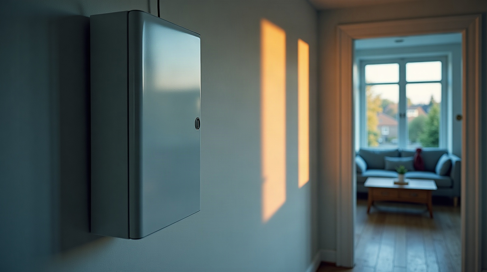 Een thuisbatterij aan de wand naast een lichte woonkamer