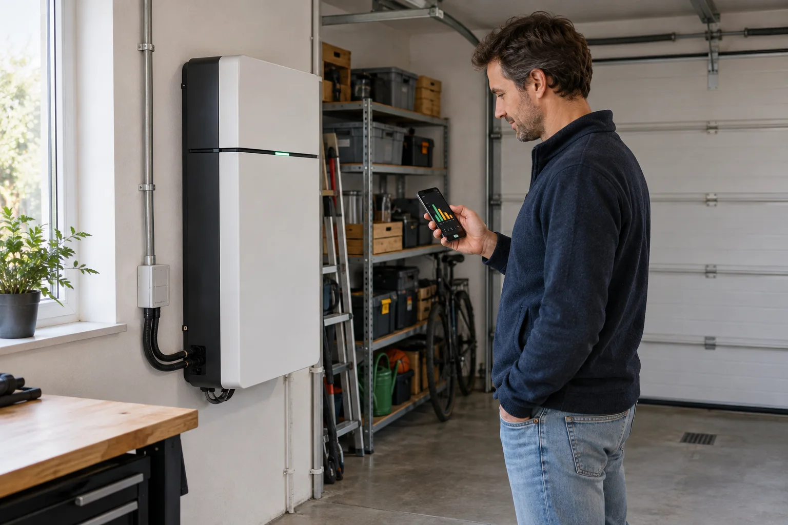 Huiseigenaar bekijkt energiesturing naast een thuisbatterij in de garage