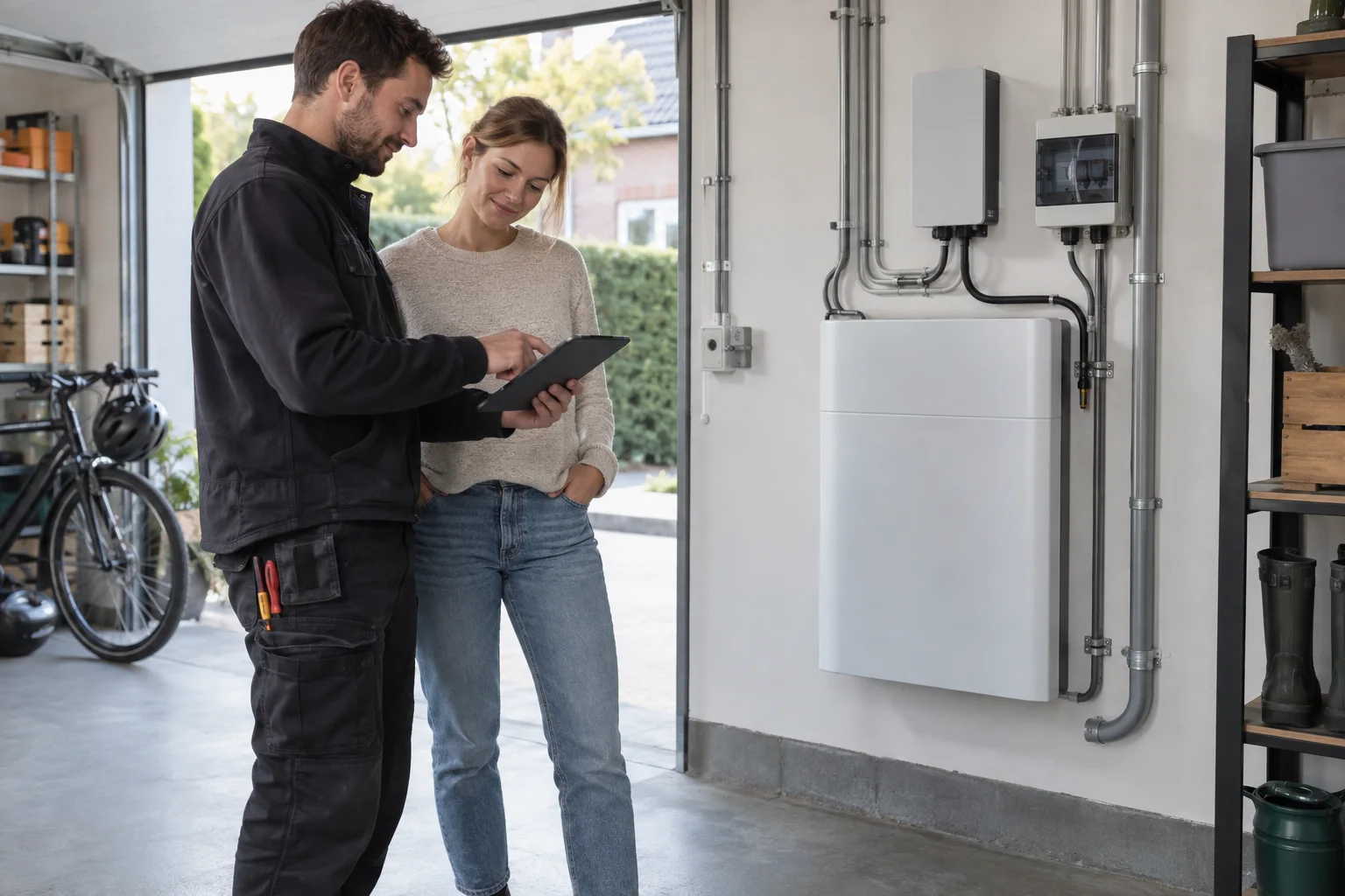 Adviseur bespreekt een wandgemonteerde thuisbatterij in een Nederlandse garage