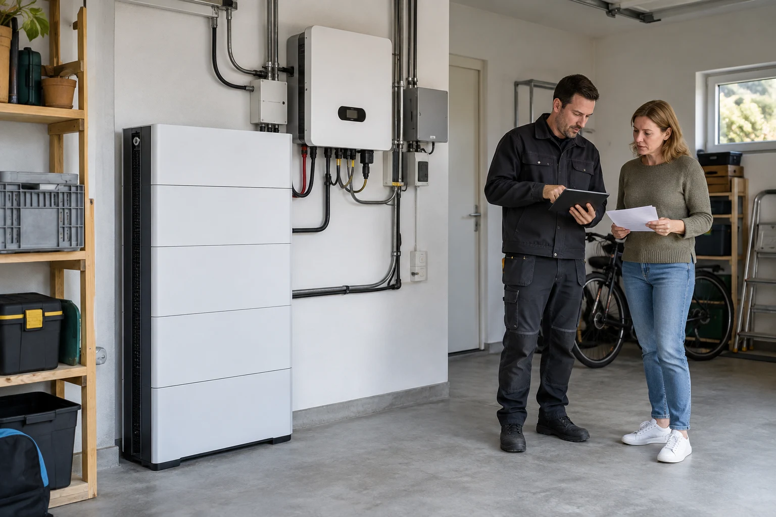 Huiseigenaar en installateur bespreken de documentatie van een thuisbatterij in een garage