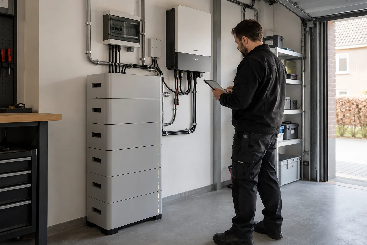 Modulaire thuisbatterij en hybride omvormer worden in een garage gecontroleerd