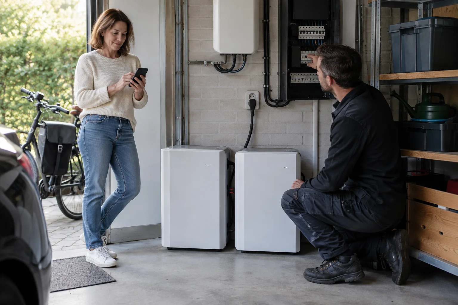 Twee compacte plug-in batterijen worden in een Nederlandse garage gecontroleerd