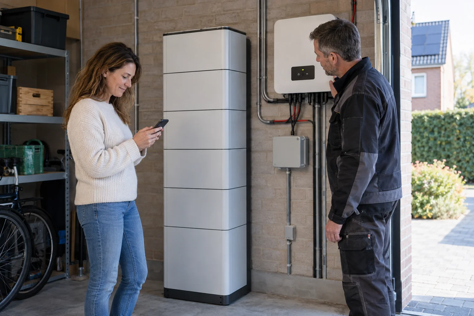 Modulaire batterijtoren en hybride omvormer in een Nederlandse garage