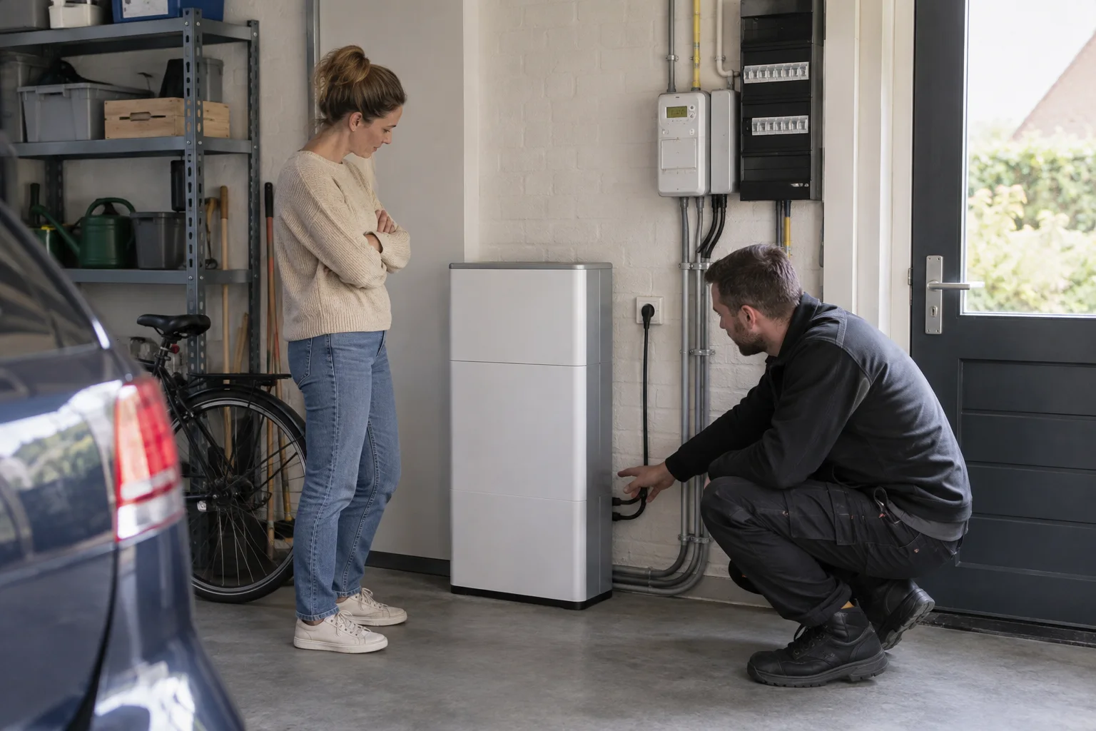 Compacte vloerstaande thuisbatterij wordt bij een eigen aansluiting in een garage gecontroleerd