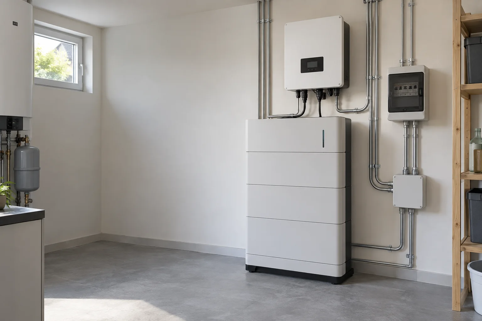 Thuisbatterij met omvormer en aparte schakelkast in een technische ruimte