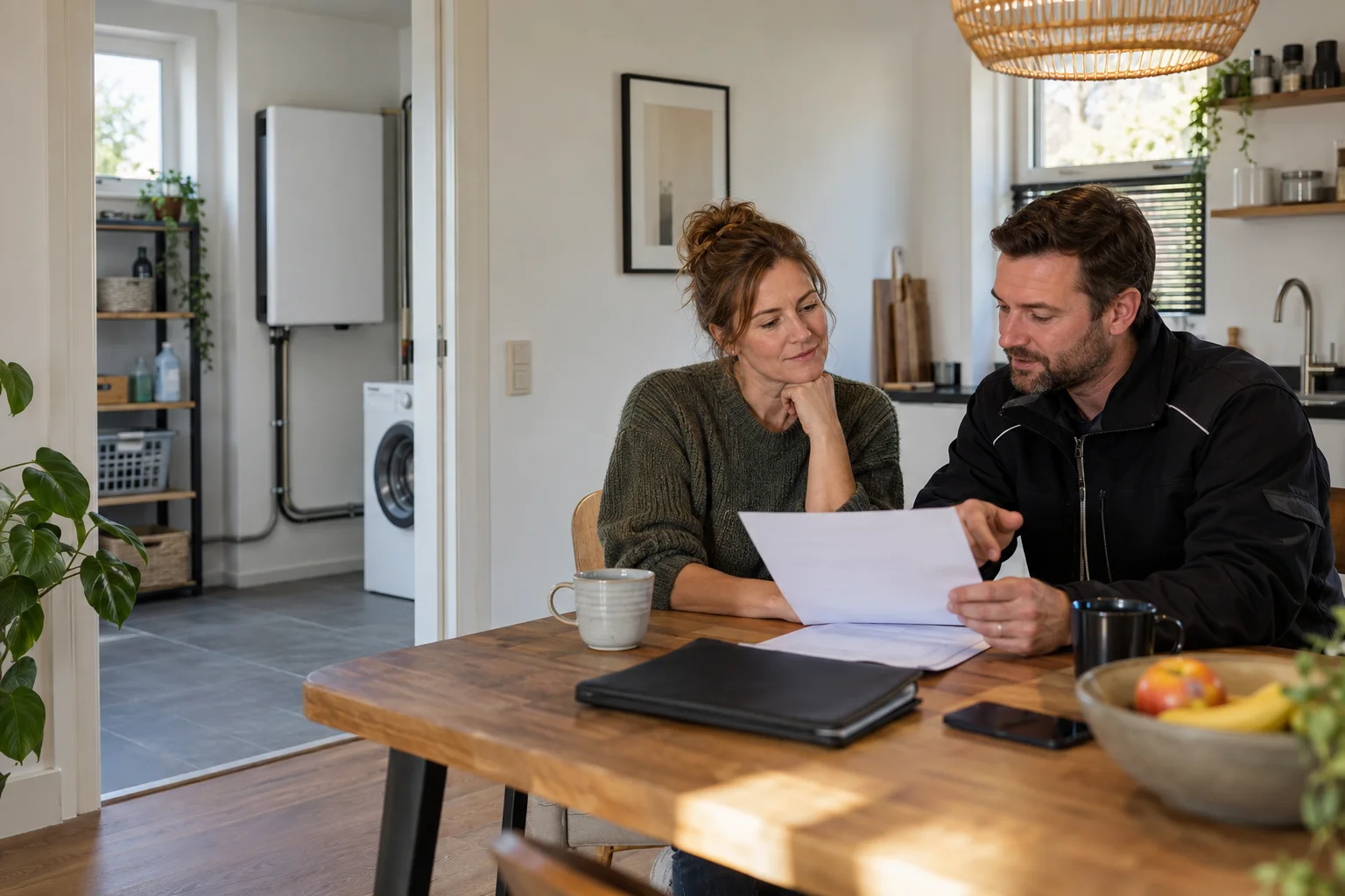 Huiseigenaar en installateur bespreken een voorstel voor een thuisbatterij