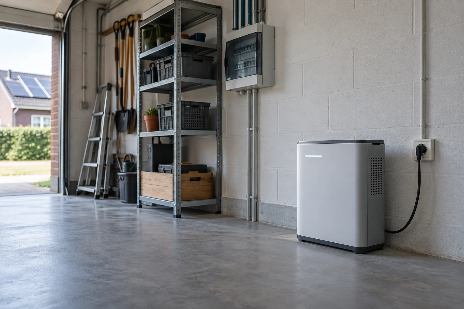 Compacte thuisbatterij met stekker op een veilige plek in een garage