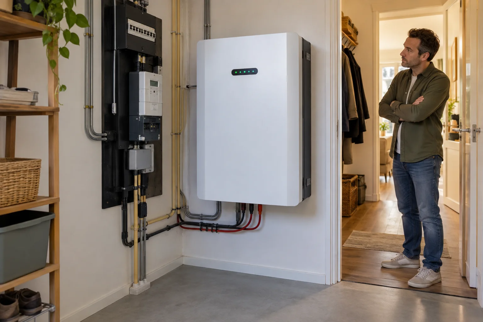Huiseigenaar bekijkt zijn verbruik naast een thuisbatterij