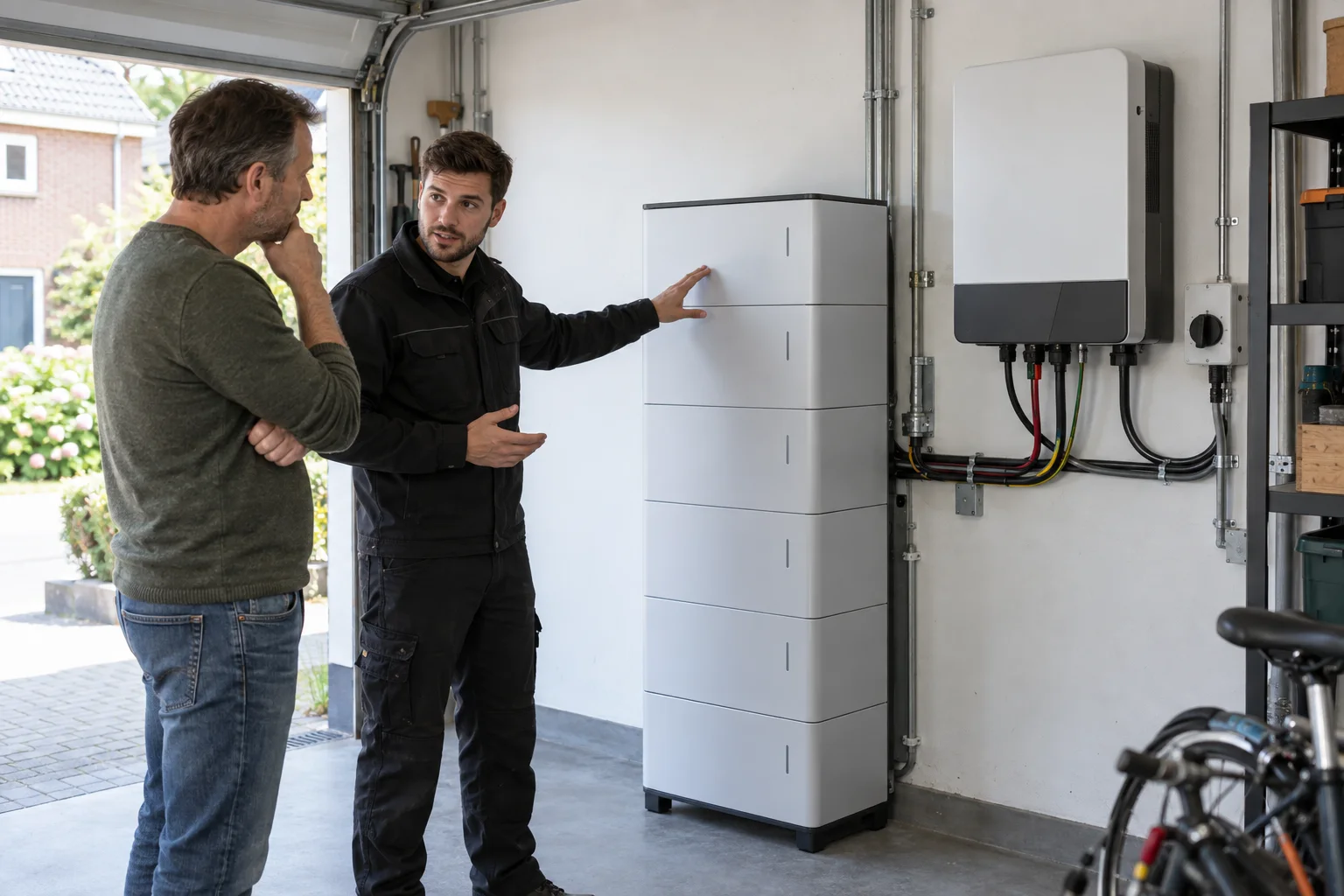 Modulaire thuisbatterij en hybride omvormer in een Nederlandse garage