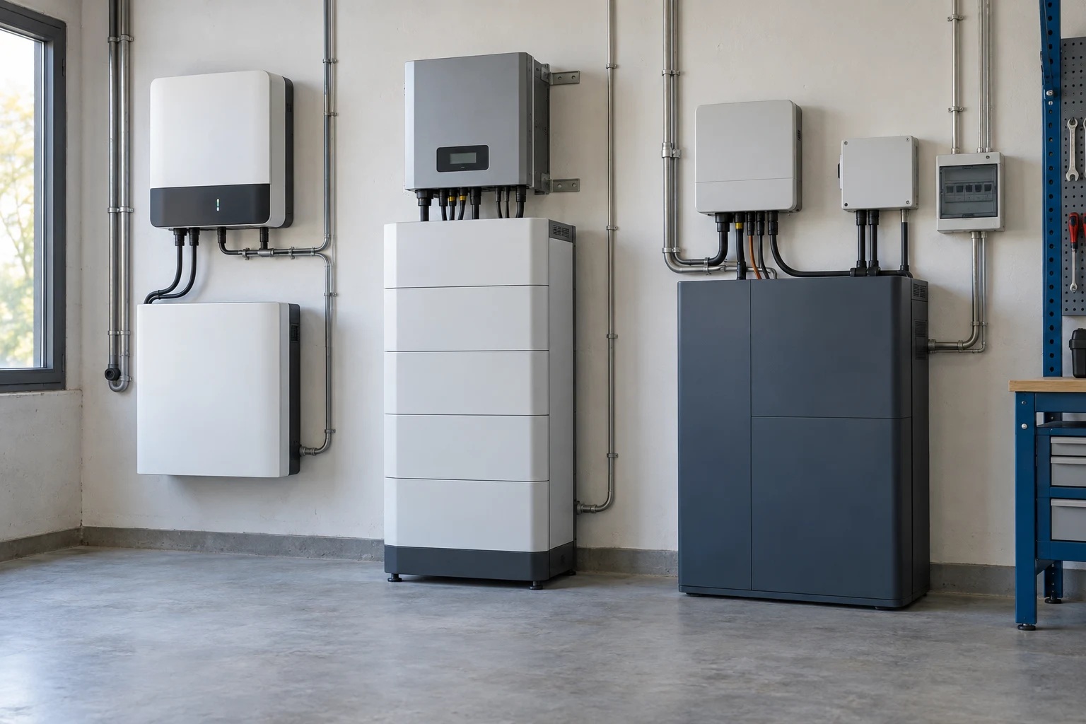 Drie verschillende thuisbatterijsystemen in een technische demonstratieruimte
