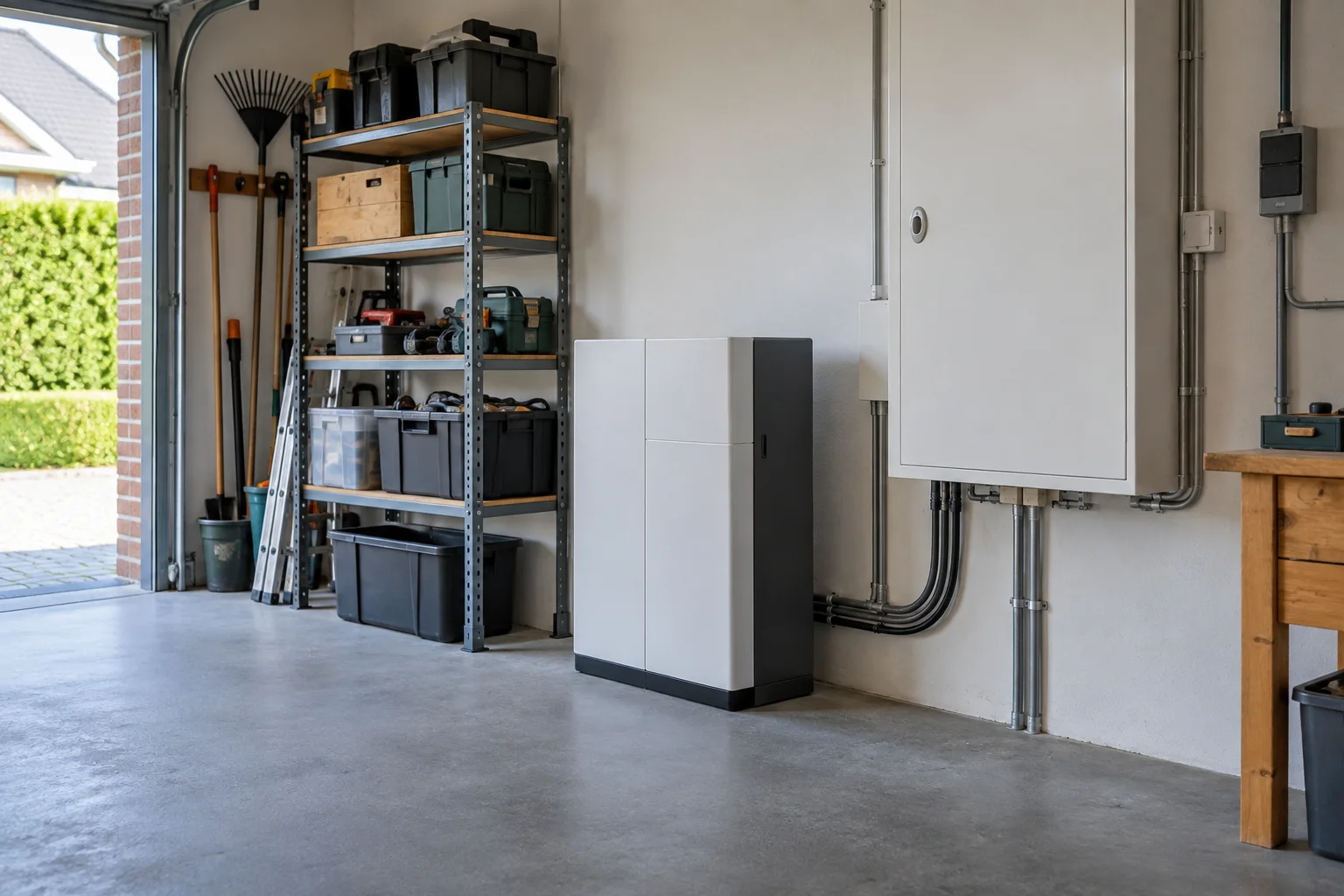 Thuisbatterij en elektrische installatie in een garage