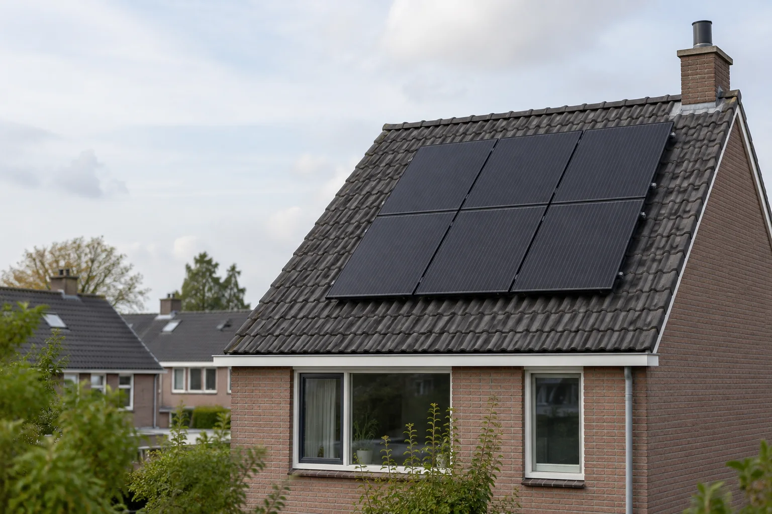 Zes zwarte zonnepanelen in twee rijen op een Nederlands schuin dak