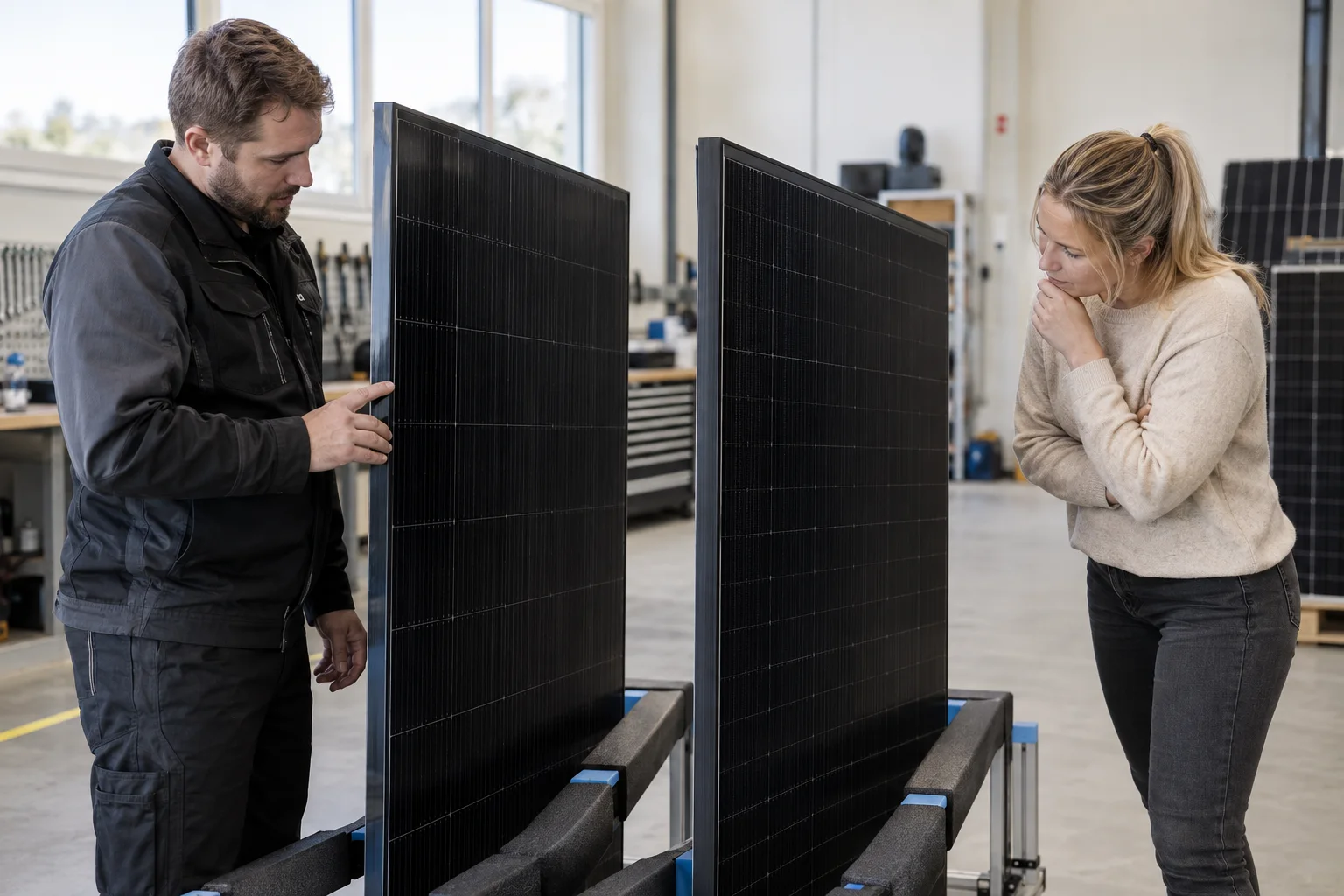 Technicus en huiseigenaar vergelijken de opbouw van twee zwarte zonnepanelen