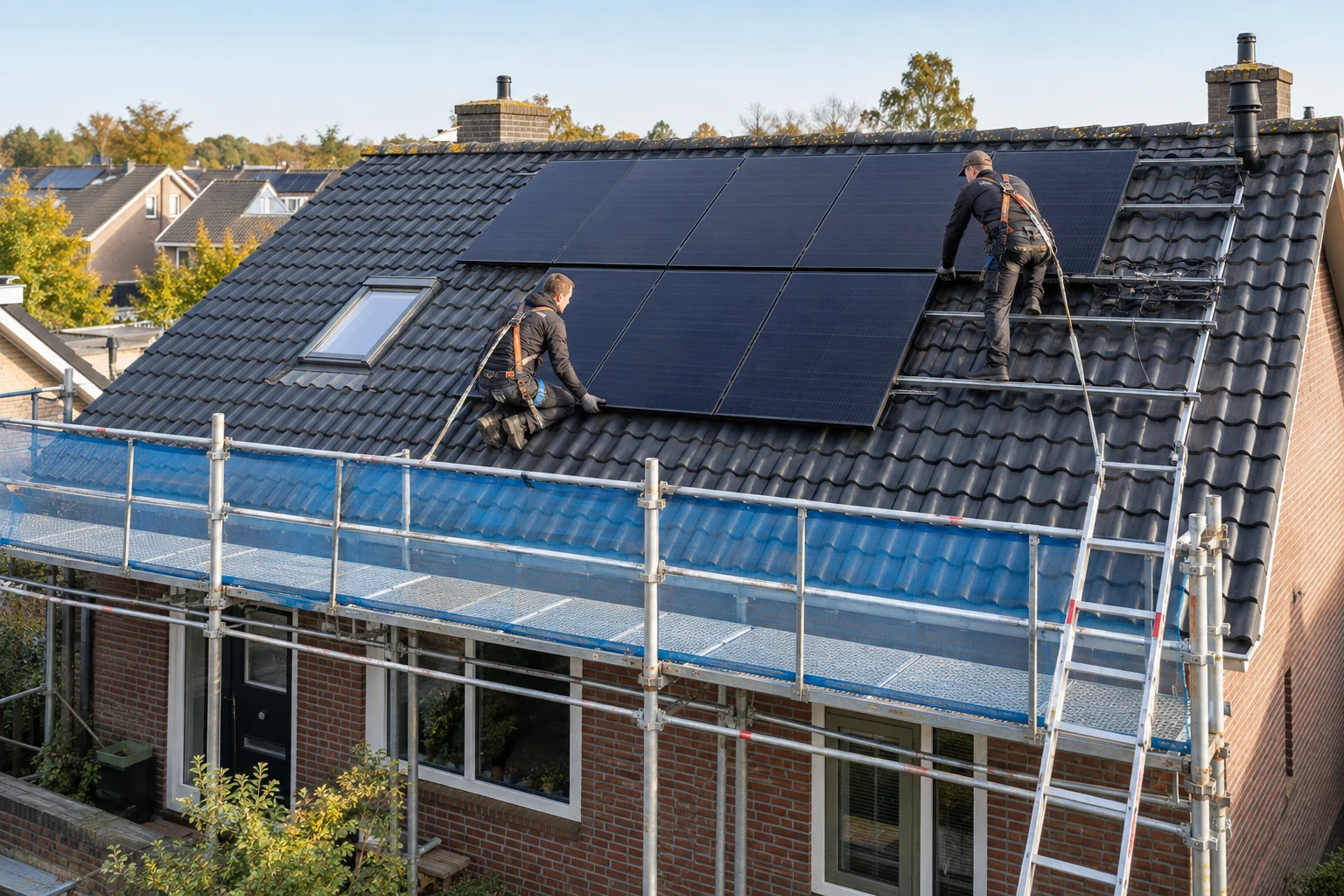 Installateurs plaatsen zonnepanelen veilig vanaf een steiger op een Nederlands dak