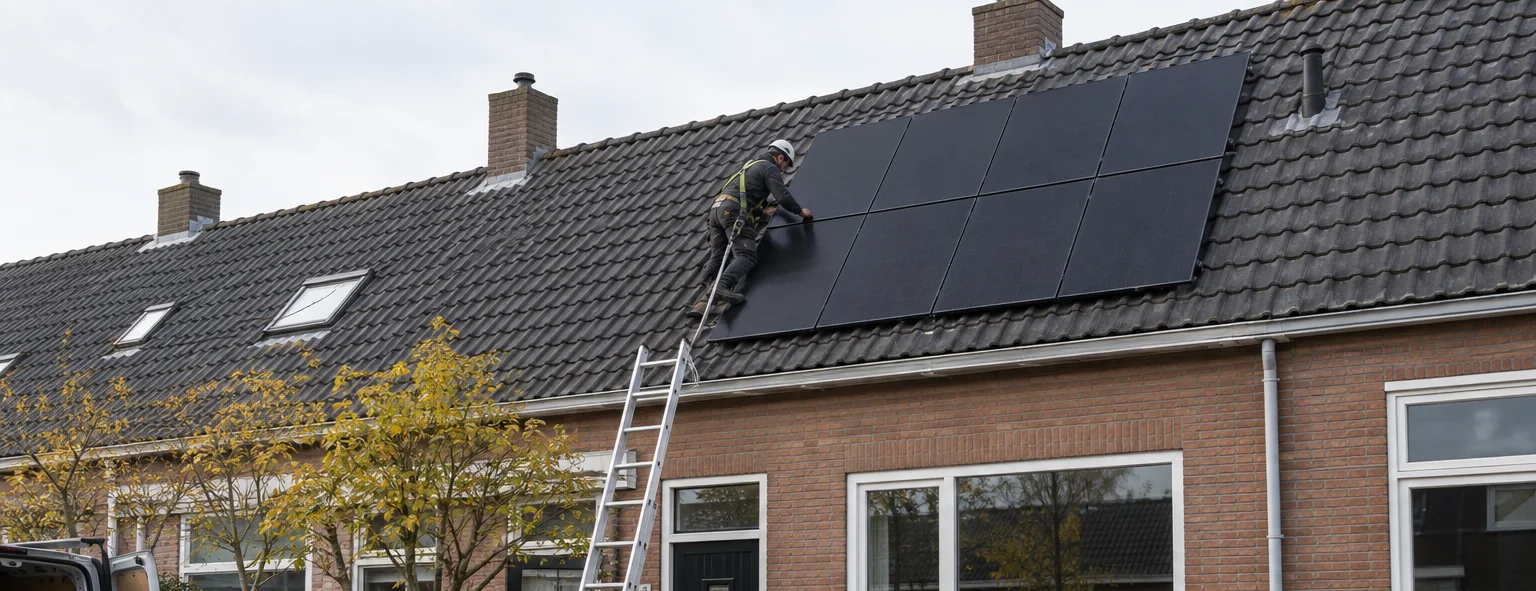 Installateurs plaatsen zwarte zonnepanelen op het schuine dak van een Nederlands rijtjeshuis