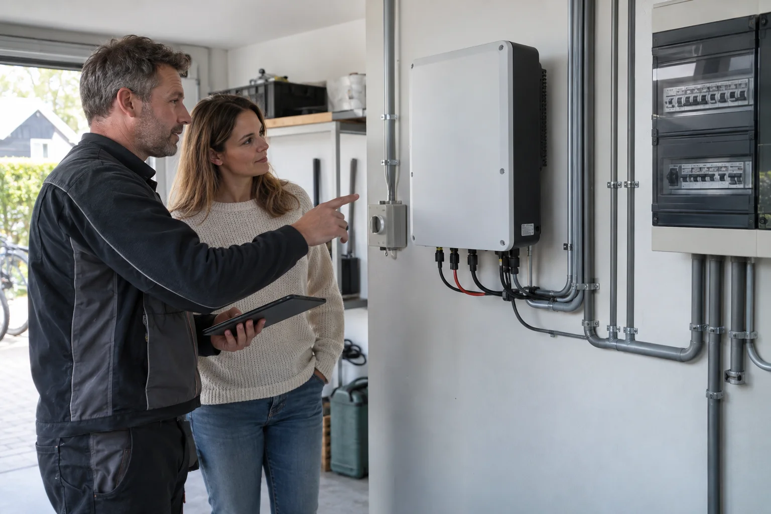 Adviseur bespreekt een wandgemonteerde omvormer in een nette garage