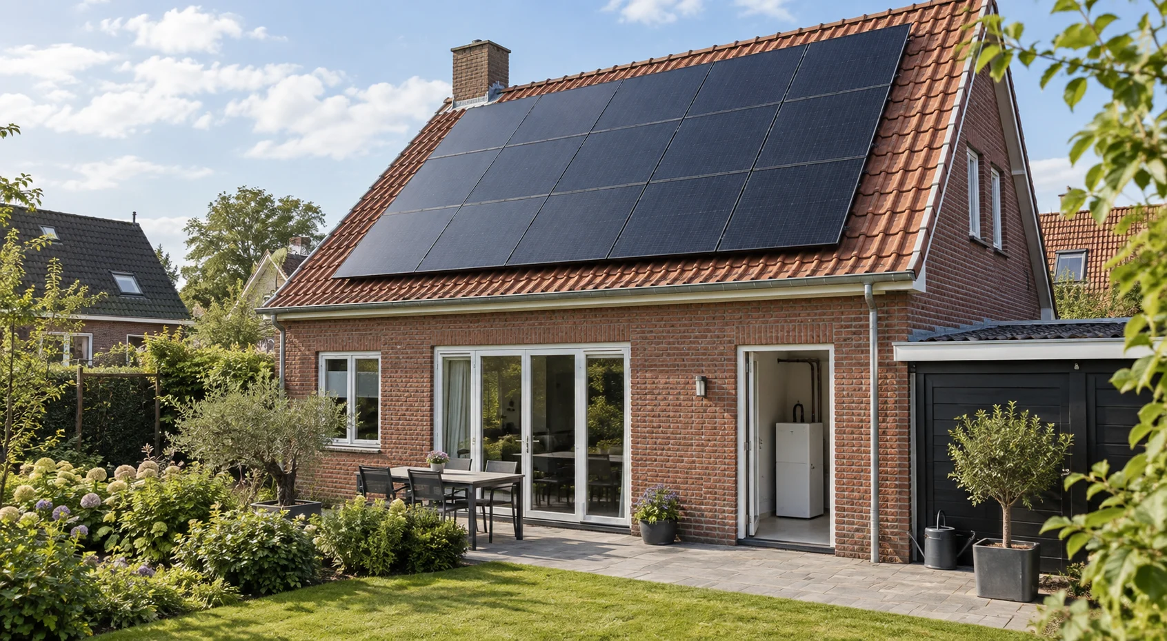 Woning met zonnepanelen op het dak en een thuisbatterij in de bijkeuken