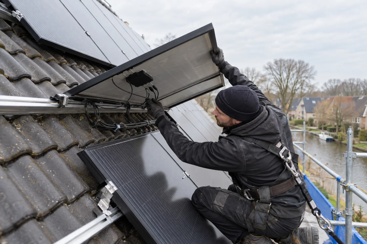 Installateur controleert een optimizer onder een zonnepaneel op een Nederlands dak