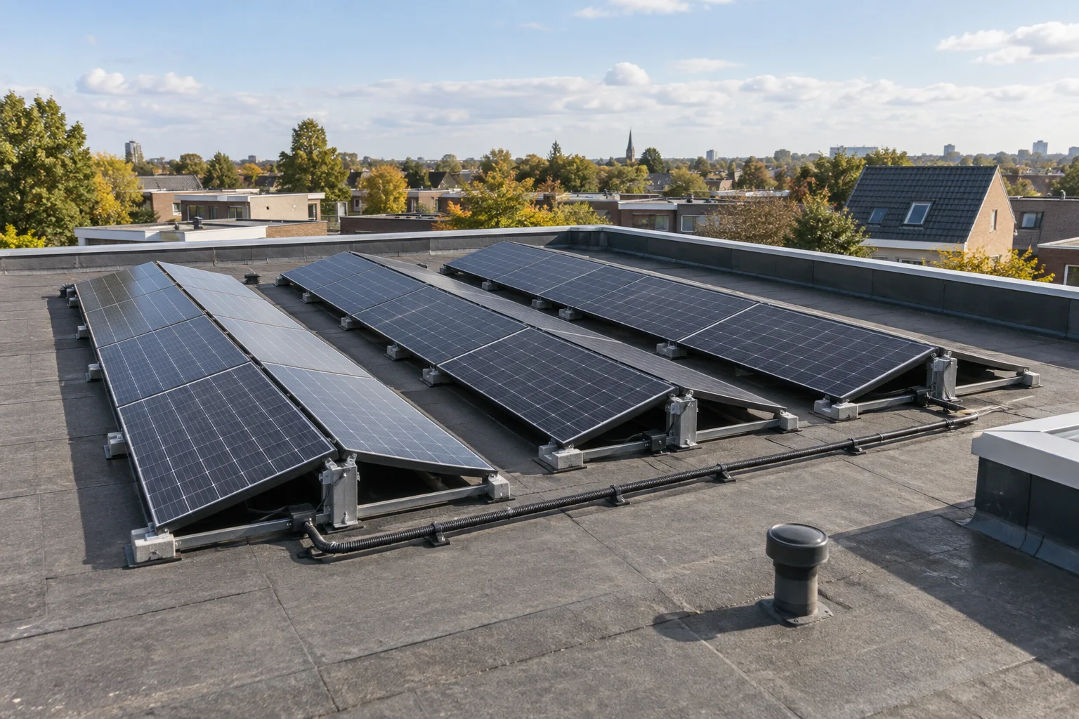 Zonnepanelen in een lage opstelling op een plat dak