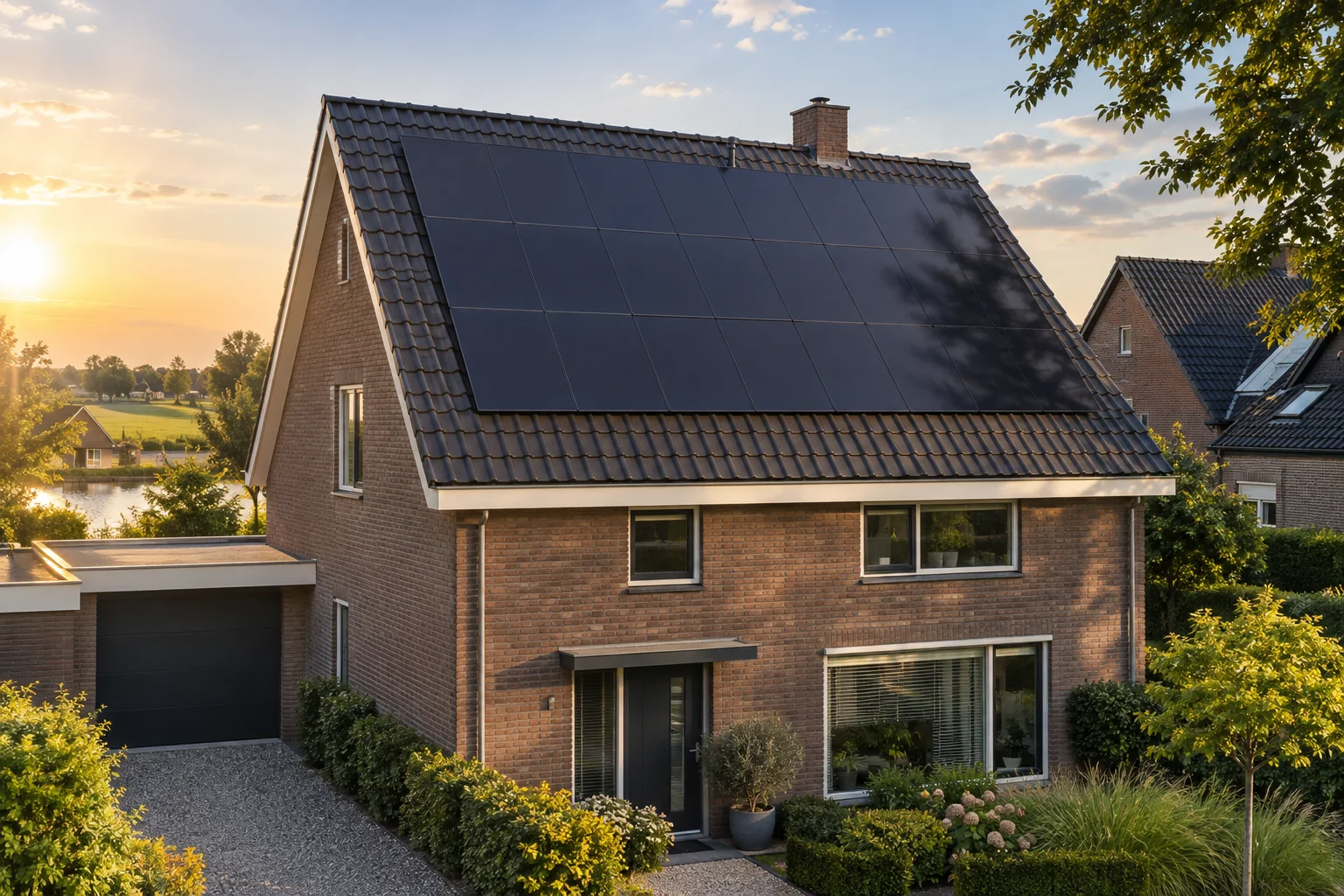 Volledig dak met zonnepanelen in zon en lichte schaduw