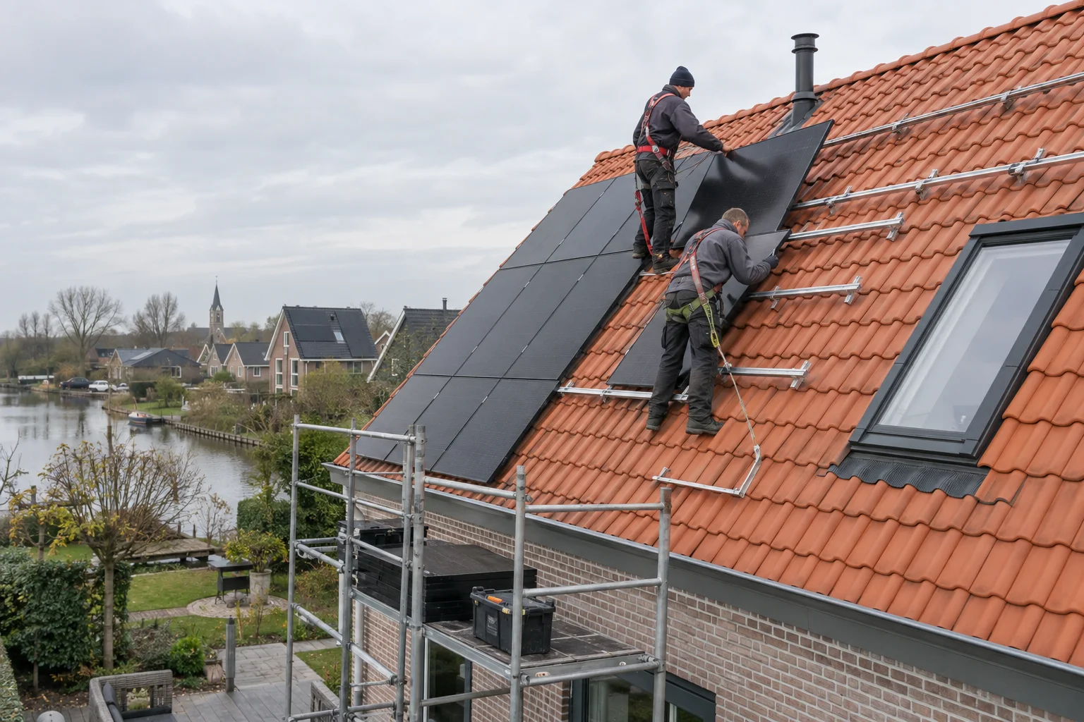 Installateurs monteren zwarte zonnepanelen veilig op een schuin pannendak