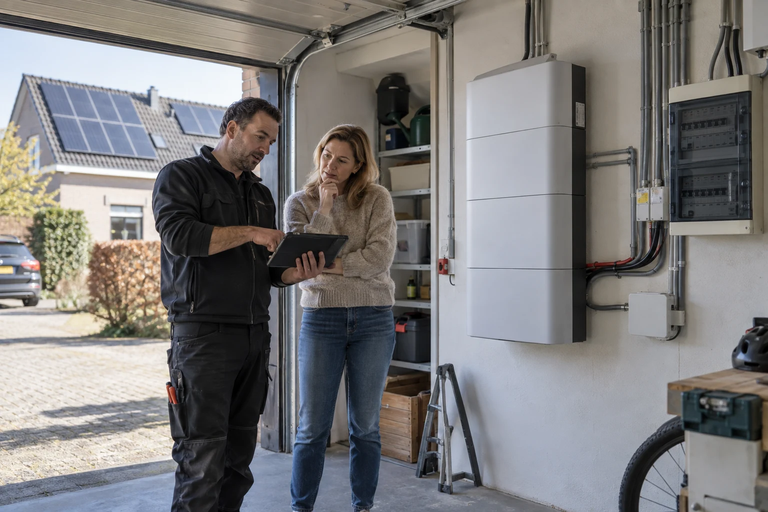 Installateur bespreekt zonnepanelen en een thuisbatterij met een woningeigenaar in de garage
