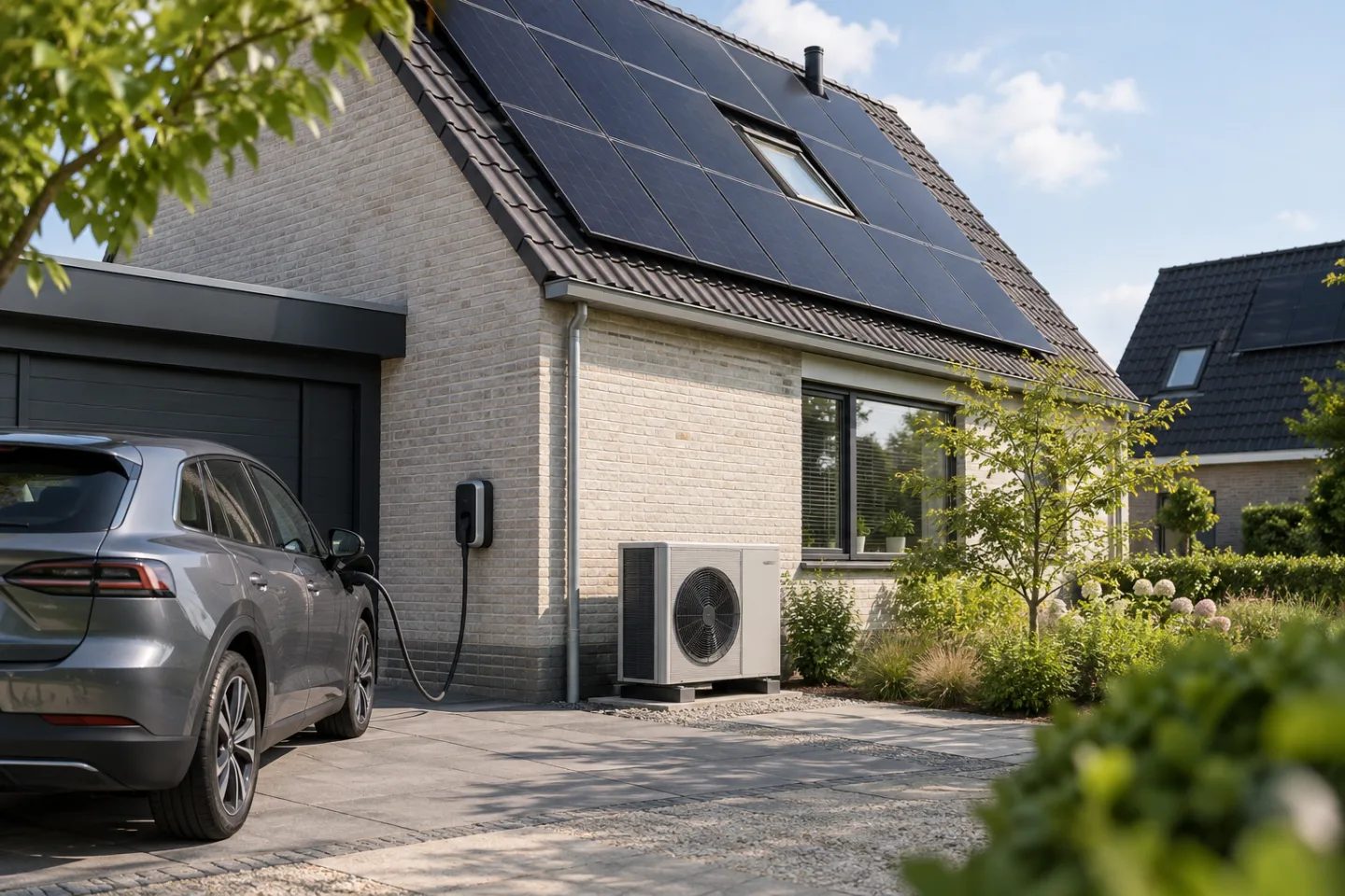 Woning met zonnepanelen, een elektrische auto aan de laadpaal en een warmtepomp