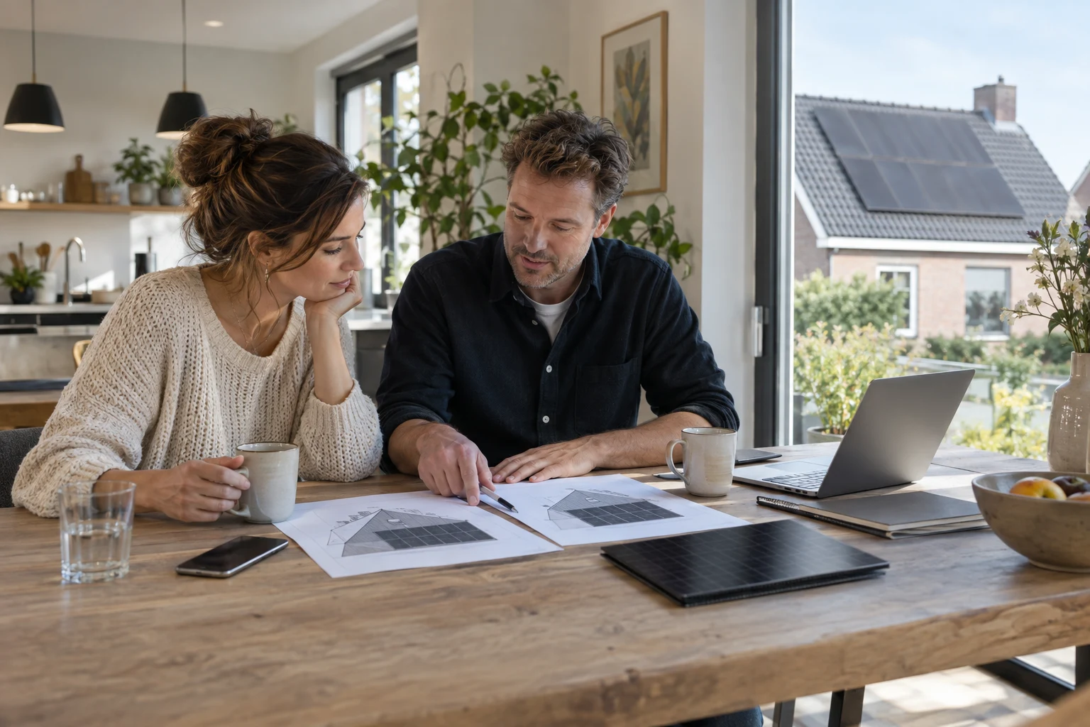 Huiseigenaar en adviseur vergelijken twee dakplannen voor zonnepanelen
