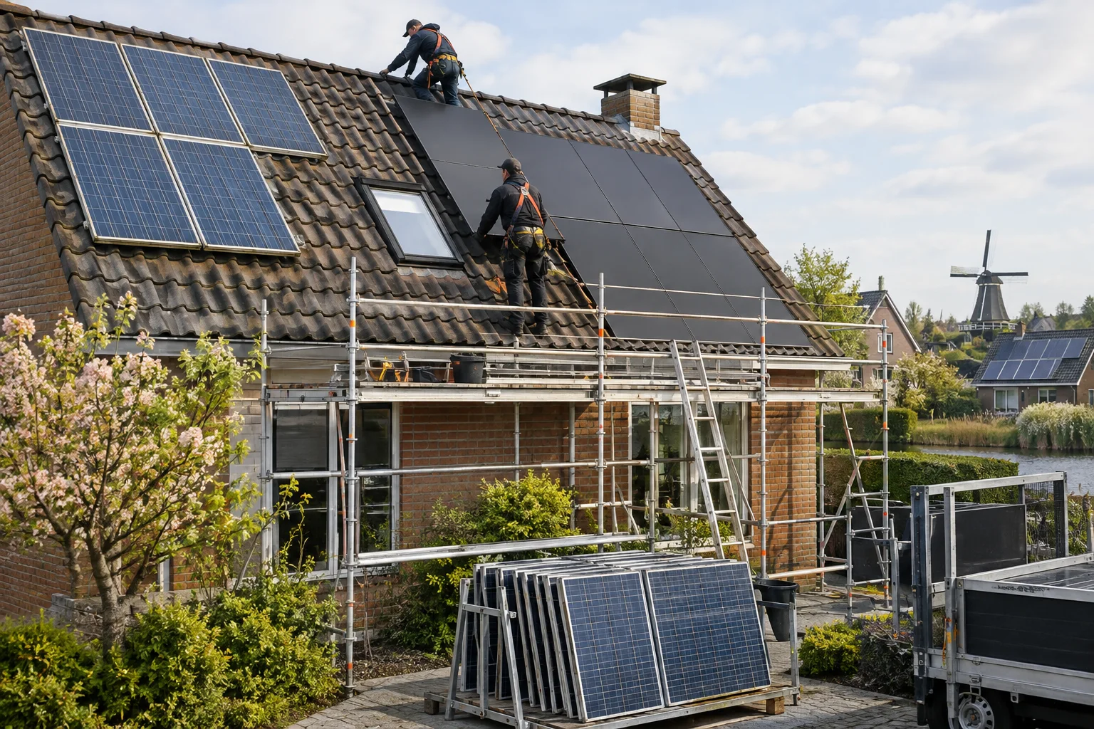 Installateurs vervangen oude zonnepanelen door moderne zwarte panelen op een Nederlands dak